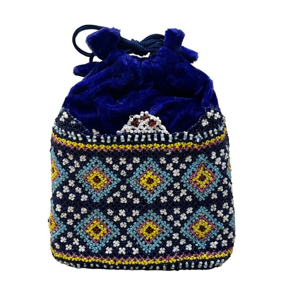 Beaded Velvet Drawstring Pouch Navy Ethnic Geometric Design Embellished Handbag - Picture 3 of 7